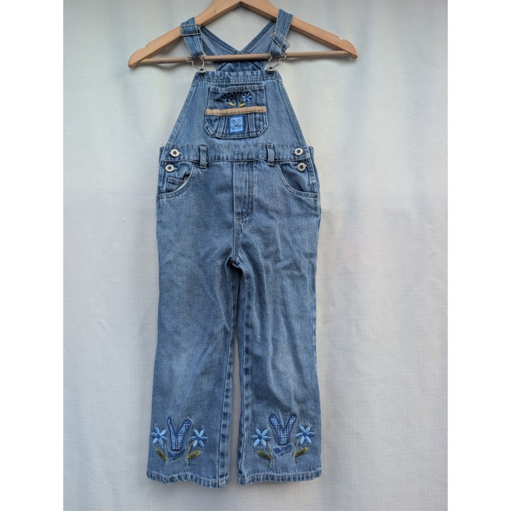 Faded Glory Vintage Overalls Girls Sz 4 Blue Denim Flower Embroidered 90s Cotton